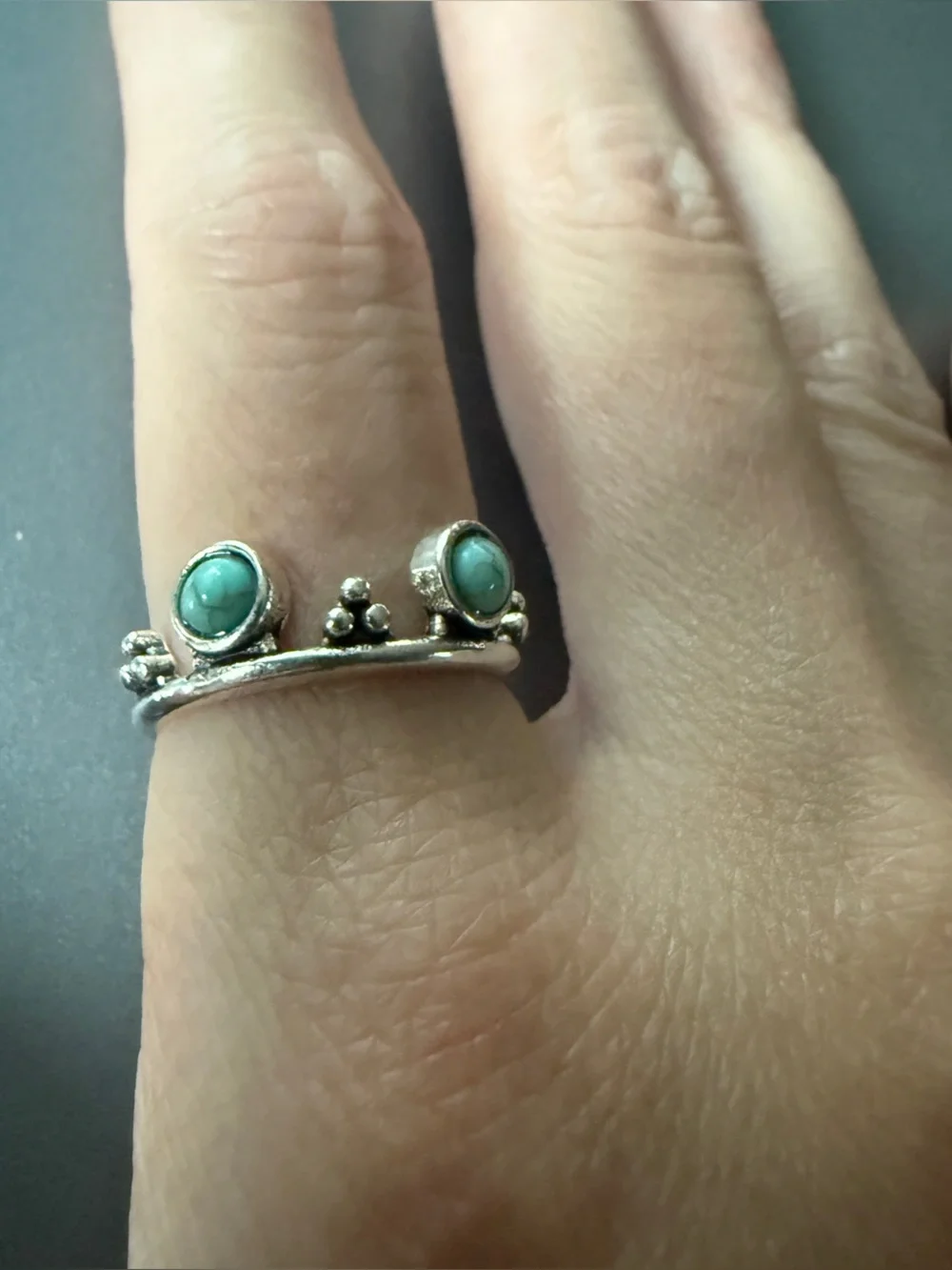 Boho Silver Tone Faux Turquoise Crown Cuff Ring Size 7